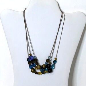 Multi-Strand Beaded Necklace Silver Tone Chain Blue Lavender Translucent Beads